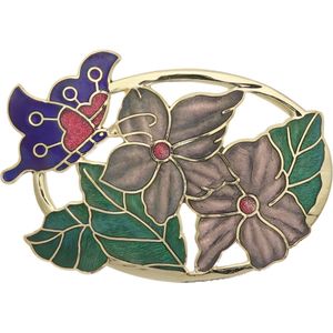 Behave®  Broche vlinder op bloemen blauw bruin groen - emaille sierspeld -  sjaalspeld
