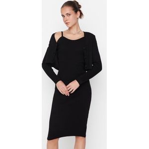 Trendyol Vrouwen Standaard mouw V-hals Bodyconus Zwart Zwart Getailkunstleerd Midi Gebreid Vest Rokkostuum TWOSS21EL0208 Jurk TWOSS21EL0208