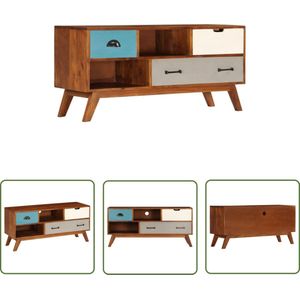 The Living Store Tv-meubel met 3 lades 110x35x50 cm massief acaciahout - Retro Tv Kast - Tv Meubilair - Acacia Hout - Donkerhouten Tv Kast - Vintage Tv Kast