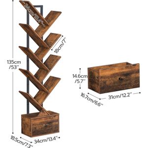 Boekenkast met lade, staand rek met 9 niveaus, boomvormige boekenkast, dvd-rek, boekentoren vrijstaand, voor woonkamer, slaapkamer, thuiskantoor, vintage bruin