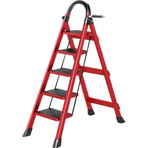 Huishoudtrap 5 treden - keukentrap - Inklapbar/opvouwbar - antislip - 150kg Draagkracht - Max werkhoogte: 300 cm - Rood