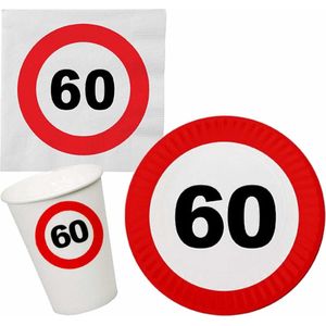 Verjaardag feestartikelen tafel dekken set 60 jaar verkeersbord/stopbord thema - 8x bordjes - 8x bekertjes - 16x servetten