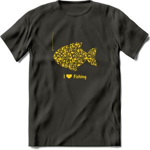I Love Fishing - Vissen T-Shirt | Geel | Grappig Verjaardag Vis Hobby Cadeau Shirt | Dames - Heren - Unisex | Tshirt Hengelsport Kleding Kado - Donker Grijs - S