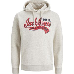 JACK & JONES Logo sweat hood regular fit - heren hoodie katoenmengsel met capuchon - wit melange - Maat: S