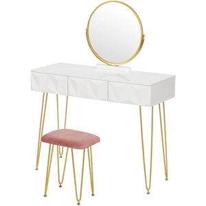 Maison Nordique - Make up tafel - Kaptafel - make up tafel met spiegel - incl led verlichting - Met gratis fluwelen Kruk - 100x40cm - Wit - Goud