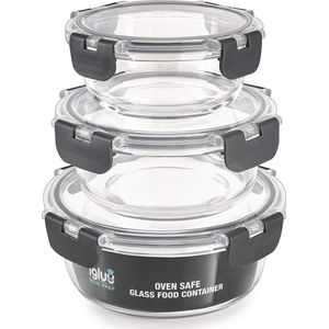 Set van 3 Stapelbare Ronde Glazen Containers - voor Voedsel Opslag, Vriezer, Magnetron, Oven & Vaatwasserbestendig, BPA Vrij - Luchtdichte SnapLock Deksels