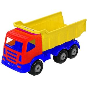 Speelgoed rood/geel/blauwe kiepwagen auto voor jongens 41 cm - Buiten/binnen speelgoed auto's - Vrachtwagen met laadklep/oplegger