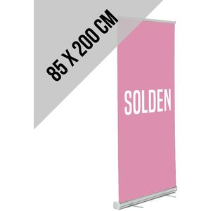 Roll-up banner ""Solden"" | 85 x 200 cm | Roze/ wit | Uitverkoop | Roll up | Retail | Winkel | Stock verkoop | Seizoen | Rolbanner | Banner 510 | 1 stuk
