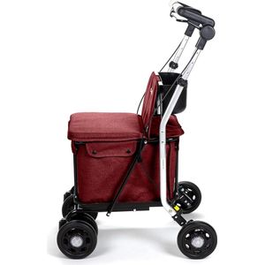 Boodschappentrolley-rollator met zitje, plooibare supermarkttrolley met 4 wielen met afneembare tas 36 l/15 kg en lade voor persoonlijke spullen, Lett800P Senior Comfort Pro, rood