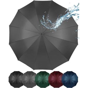 Paraplu, automatisch, voor dames en heren, elegante, houten stokparaplu, met 12 vezelspanners, groot, stabiel en windbestendig, afmeting diameter: 115 cm, grijs