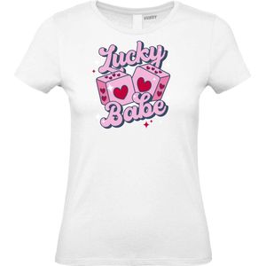 Dames t-shirt Lucky Babe | Valentijn cadeautje voor haar | Valentijn | Valentijnsdag voor vrouwen | Wit Dames | maat XS