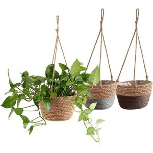 3 stuks hangende plantenbakken, bloempotten, hangende plantenmand, zeegras, plantenpot voor vetplanten, cactussen, kruiden binnen en buiten, hangende plantenbakk