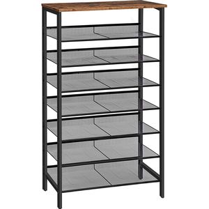 Groot schoenenrek - hoge schoenenkast - 8-laags schoenenrek - kantelbare gaasplanken - metaal/Hout - voor 24-32 paar schoenen - industrieel - bruin-zwart