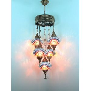 5 globe bollen Turkse hanglamp Oosterse kroonluchter blauw multicolor mozaïek glas