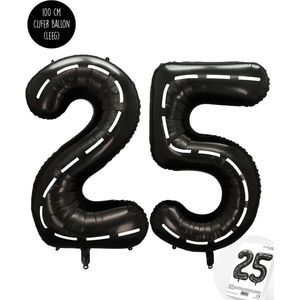 Cijfer Helium Folie Ballon XXL - 25 jaar cijfer - Zwart - Wit - Race Thema - Formule1 - 100 cm - Snoes