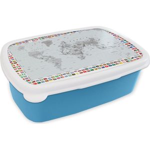 Broodtrommel Blauw - Lunchbox - Brooddoos - Wereldkaart - Vlag - Zwart - Wit - 18x12x6 cm - Kinderen - Jongen