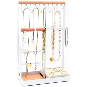 Sieradenrek wit Galeara design® met fluwelen ringhouder en bamboe hout- Witte sieradenhouder - Trendy voor halskettingen armbanden en anti- slip voetjes