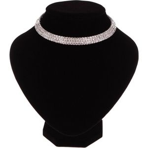 Collier Ketting - Strass 4mm Naturel - 3 Rijen - Zilverkleurig - Karabijnsluiting - Bijoux