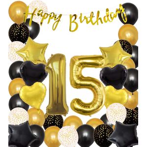 Snoes Ballonnen 15 Jaar Black Gold Dots Mega Ballon - Compleet Feestpakket Goud Zwart Stippen Cijferballon 15 - Verjaardag Versiering DIY Slinger Happy Birthday – Folieballon – Latex Ballonnen - Helium Ballonnen