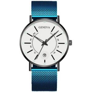 Hidzo Horloge Geneva - Met Datumaanduiding - Ø 40 mm - Blauw/Wit - Staal