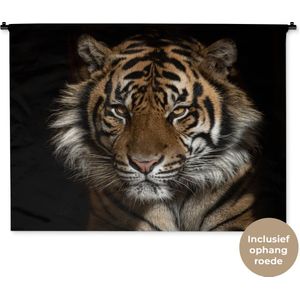 Wandkleed Dieren op een zwarte achtergrond - Boze tijger op zwarte achtergrond Wandkleed katoen 150x112 cm - Wandtapijt met foto