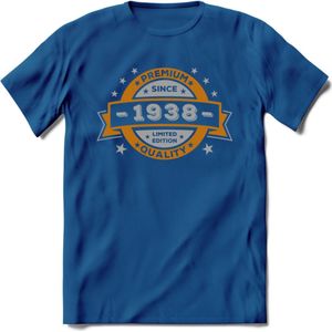 Premium Since 1938 T-Shirt | Zilver - Goud | Grappig Verjaardag en Feest Cadeau Shirt | Dames - Heren - Unisex | Tshirt Kleding Kado | - Donker Blauw - 3XL