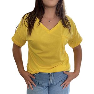 ASTRADAVI Casual Wear - Dames V-Hals T-Shirts met Borstzakje - Trendy Opgerolde Mouwen - Geel / Large