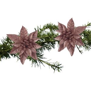 Kerstboom bloemen op clip - 2x stuks - donker beige - kunststof -15 cm