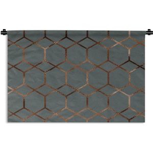 Wandkleed Luxe patroon - Luxe patroon van bronzen zeshoeken en ruiten tegen een donkerblauwe achtergrond Wandkleed katoen 120x80 cm - Wandtapijt met foto