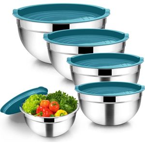 Mengkom, 5-delige roestvrijstalen blauwe saladeschaalset met deksel voor in de keuken, stapelbaar, veelzijdig, vaatwasmachinebestendig, 4,5 L / 2,7 L / 1,5 L / 1,2 L / 0,7 L.