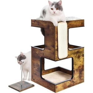 Meerdere niveaus kattenboom met 3 bedden en modern huisdierenhuis - standaard huismeubilair voor binnenkatten in bruin