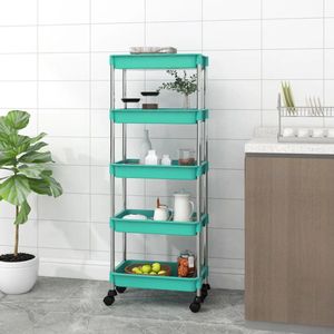 The Living Store Trolley Huishoudelijk - 42 x 29 x 128 cm - Turquoise ABS-Ijzeren Kar met 4 Wielen en Extra Opbergruimte