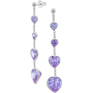 Zilveren oorbellen | Oorstekers | Zilveren oorstekers met hanger, knopje met vier kristallen hartjes, licht paars