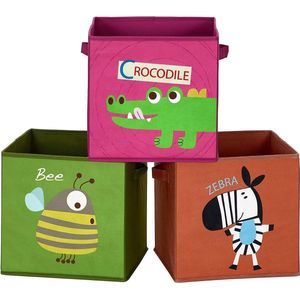 SONGMICS opbergdozen, set van 3, opvouwbare dozen, stoffen dozen met handvatten, speelgoedorganizer, opvouwbaar, voor kinderkamers, speelkamers, dierenmotieven, bruin, groen en roze RFB702Y03