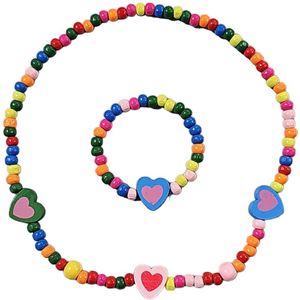 Fako Bijoux® - Kinderketting en Armband - Hout - Hartjes Gekleurd