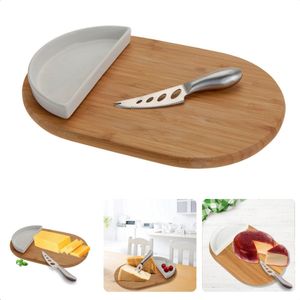 Cheqo® Kaasplank Set - Kaasplankje - Serveerplank - Ovaal Bamboe - 30x19,5cm - Bakje & Mes - Porselein & Roestvrijstaal