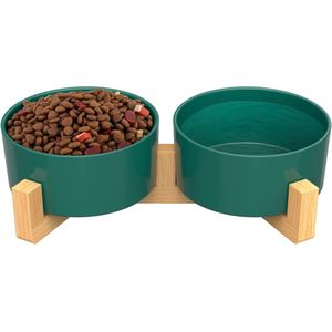 Keramische bak met verhoogde bamboe standaard voor honden en katten, als voerbak of waterbak te gebruiken, kattenvoerbak, antislip, vaatwasmachinebestendig (2 x - 400 ml, groen)