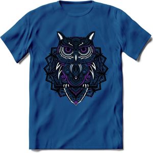 Uil - Dieren Mandala T-Shirt | Paars | Grappig Verjaardag Zentangle Dierenkop Cadeau Shirt | Dames - Heren - Unisex | Wildlife Tshirt Kleding Kado | - Donker Blauw - XXL