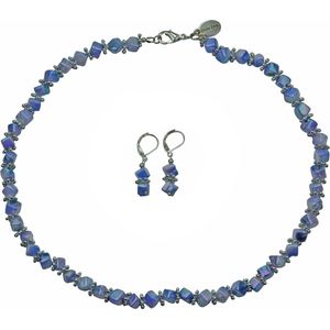 Parelmoeren set Shell Cube AB Blue - ketting - oorbellen - parelmoer - edelstaal - blauw - sieraden zakje - cadeau voor haar - kerst cadeau - Moederdag cadeau