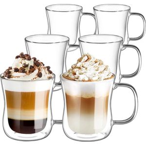 6x350 ml Dubbelwandige Koffieglazen Mokken - Cappuccino - Latte Macchiato - Glazen Bekers met Handvat - Borosilicaatbestendig - Glazen Bekers voor Koffie - Thee - Melk - Sap ijs