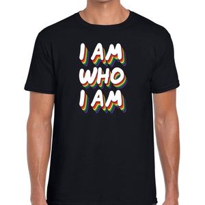 I am who i am - gaypride t-shirt zwart 3D regenboog tekst voor heren - Gay pride kleding S