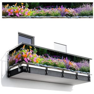 Balkonscherm 500x85 cm - Balkonposter Bloemen - Steenrand - Kleurrijk - Balkon scherm decoratie - Balkonschermen - Balkondoek zonnescherm
