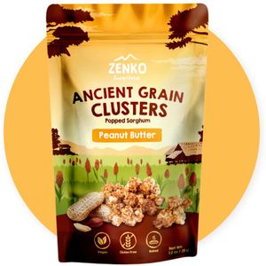 ZENKO Ancient Grain Clusters - Peanut Butter (8x35g) | Vegan, glutenvrij, 14% proteïne | Healthy snack | Better than popcorn!