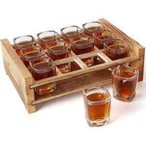 Shot Glazenset, 12-delig met dienblad van gebrand hout, 60 ml, heldere raaki-glazen met zware bodem, voor likeur, tequila, wodka en cocktails, voor feestjes, clubs en bar