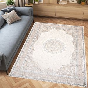 Tapiso Hera Vloerkleed Beige Woonkamer Licht Vintage Frame Tapijt Maat- 160x230