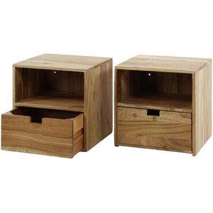 Nachtkastje Flat Zwevend Set van 2 Acacia hout - Hangend Minimalistisch Design met Lade en Open Vak - Wandmeubel - 30x25x30 cm - Ruimtebesparend en Stijlvol