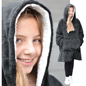 HOMELEVEL Sherpa Winter Hoodie XL Sweatshirt Pullover Oversize voor Kinderen Pullover Dekentje Huis Trui Buiten Binnen - Antraciet