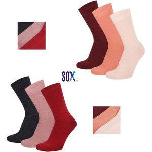 CRAZY SOX 6 PACK Dames effen Glittersokken Multipack LUREX in Mix roze/rood/marine 37/42 in katoen.