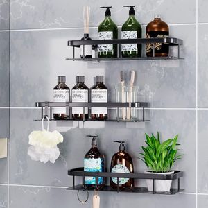 2 stuks zonder boren badkamer rekken shampoo houder plastic douchemand met 4 haken badkamer plank zelfklevend doucheplank badkamer accessoires douche organizer voor badkamer (zwart)