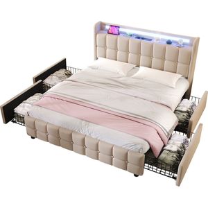 Merax Luxe Tweepersoonsbed met 4 Lades en USB-Aansluiting - 160x200 cm Gestoffeerd Bed met Hoofdbord - Beige